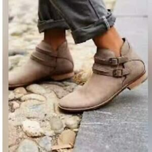 Free People Tan Distressed Braeburn Split Shaft Double Buckle Ankle Boots 39